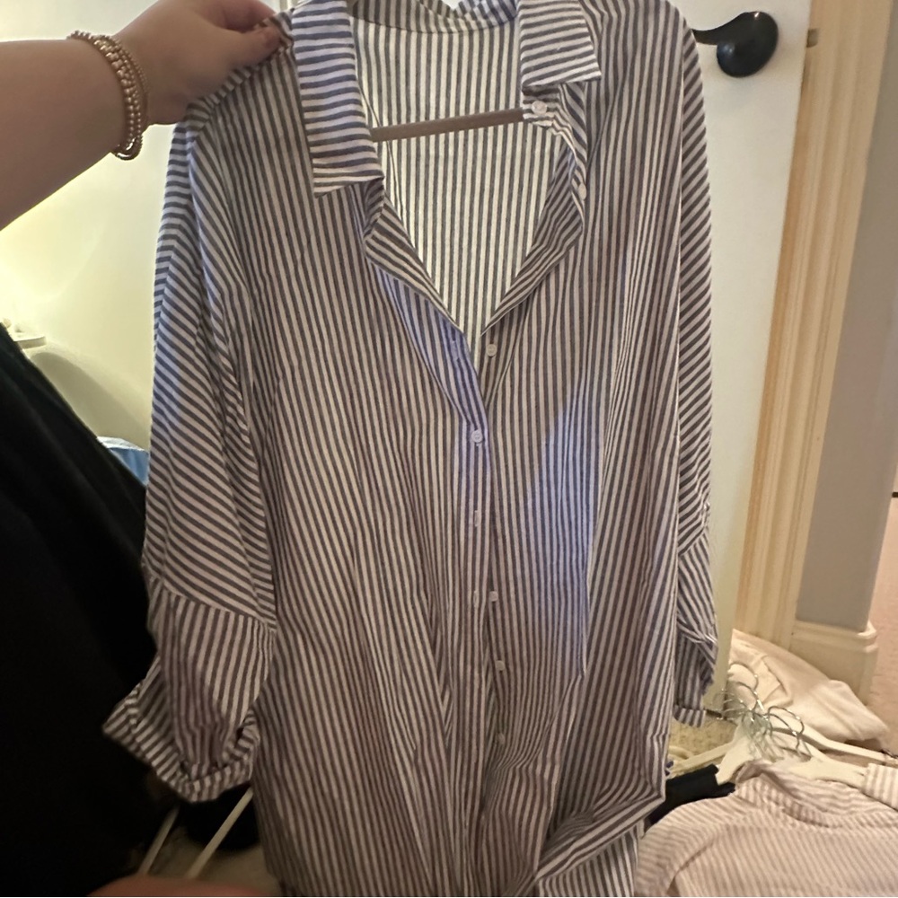 blue and white striped maxi shirt dress